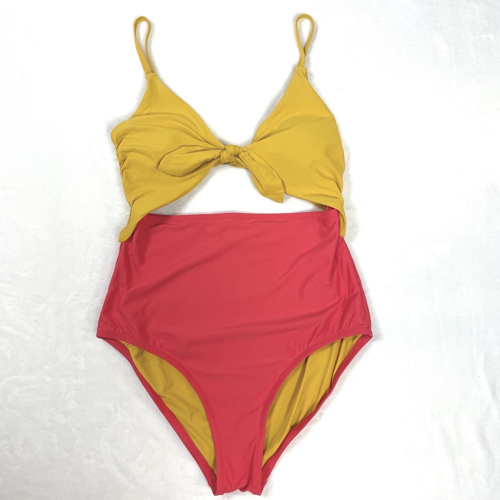 Modcloth One‎ Piece Mustard Coral Red Cut Out Swimsuit M Manic Pixie Dream Girl